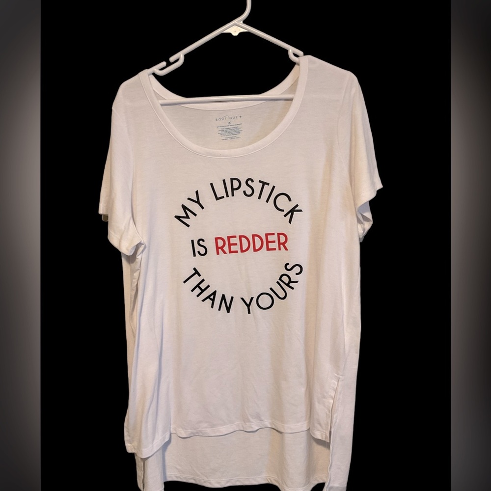 Ladies, white T-shirt, Hilow blouse plus size 1X short sleeve